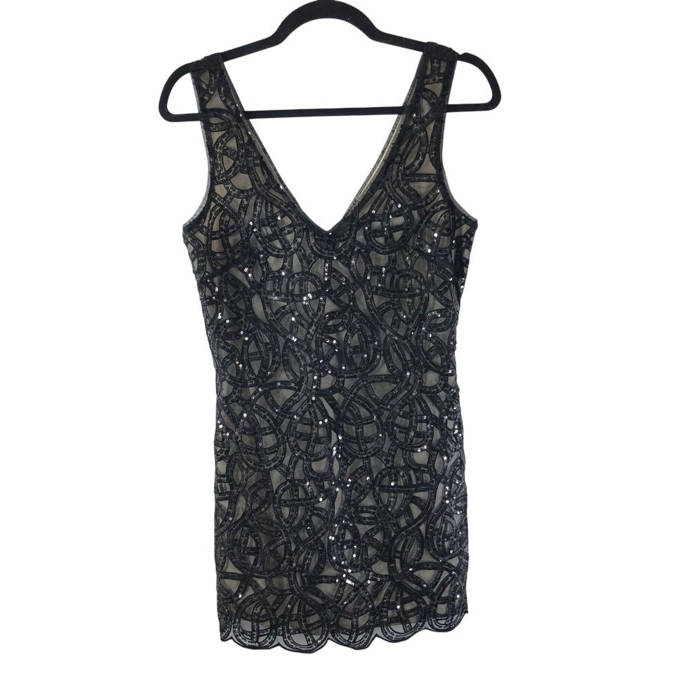 Bebe Shift Dress Organza V Neck Sleeveless Flapper Sequin Scalloped Hem Black XS